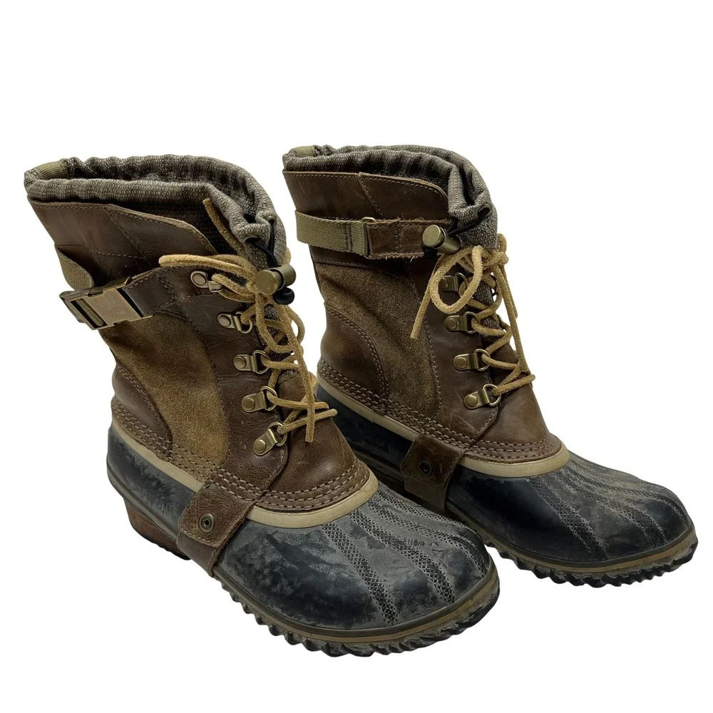 Sorel Slimpack Riding Tall Brown Black Leather Waterproof Duck Boots Womens 8.5